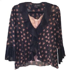 Vintage Jenny Helene Black Floral Blouse Top‎ Size Small